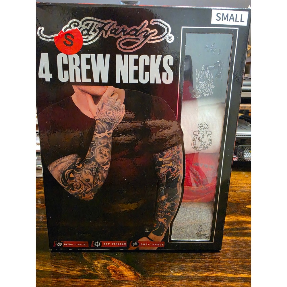 Ed Hardy Mens 4 Pack Crew Neck Undershirts Tattoo Graphic Tees Small NIB